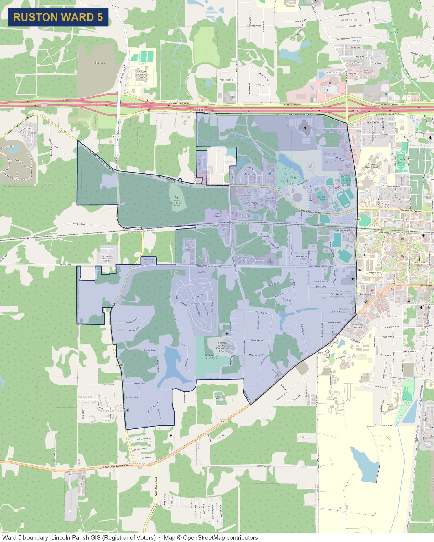 Street map of Ruston with the reconfigured Ward 5 boundary outlined in blue